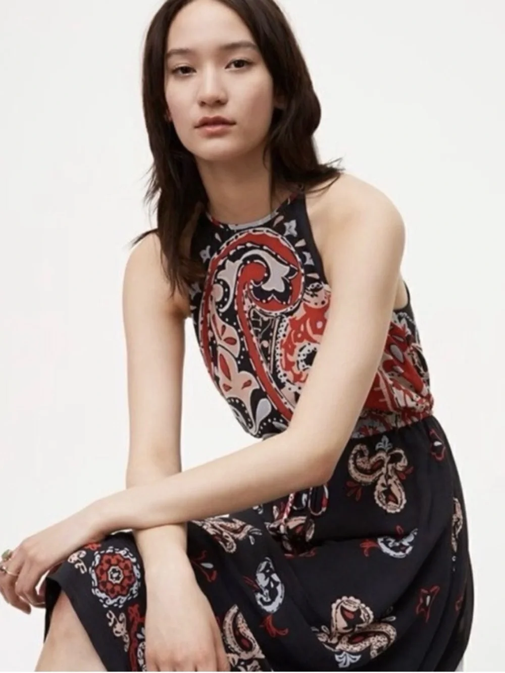 LOFT Black Red and Cream Paisley Halter Midi Dress - Picture 4 of 9